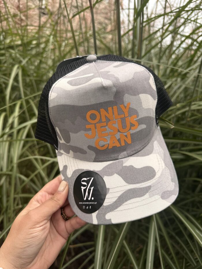 Czapeczka chrześcijańska trucker | ONLY JESUS CAN | Szare Moro