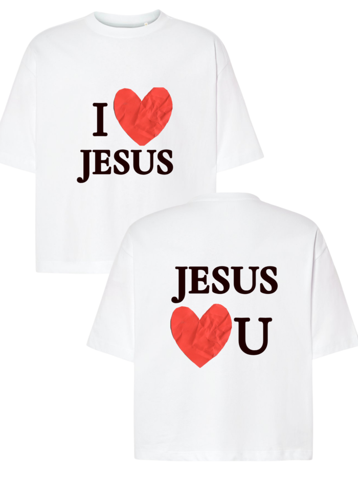 T-Shirt chrześcijański Boxy unisex | I Love Jesus- Jesus loves U