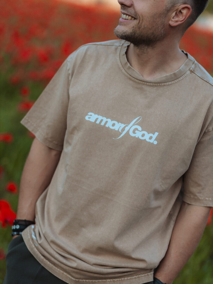 Koszulka chrześcijańska oversize WASHED | Armor of God | beige