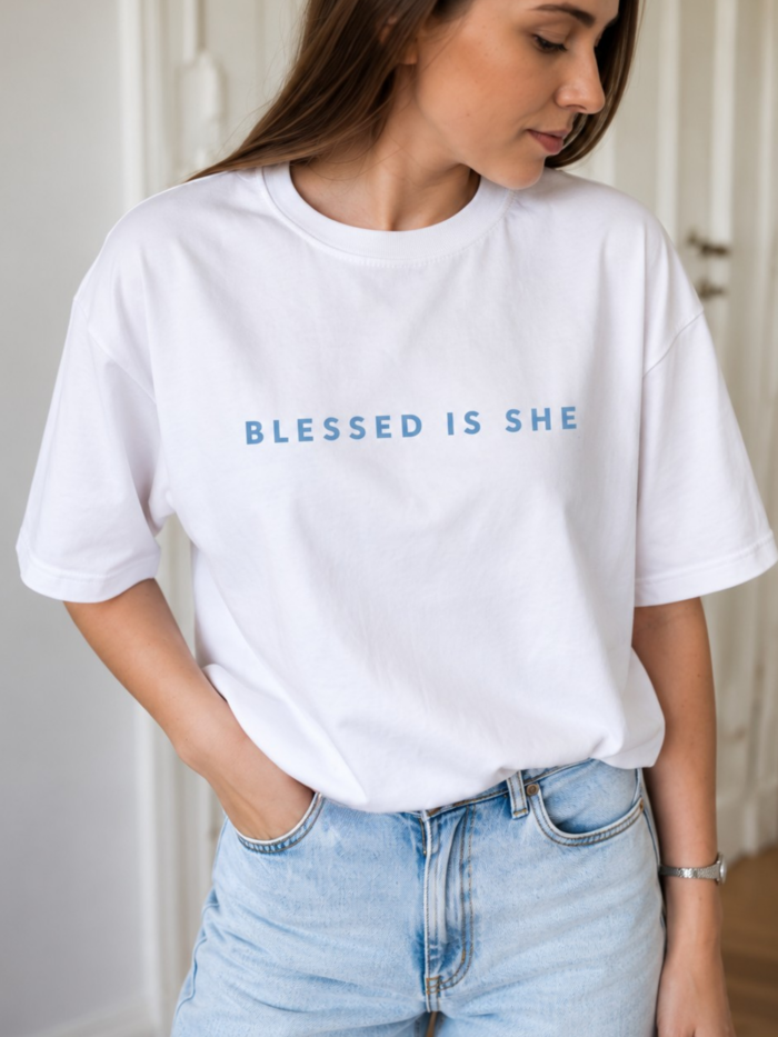 t-shirt damski chrześcijański | BLESSED IS SHE | BIAŁA