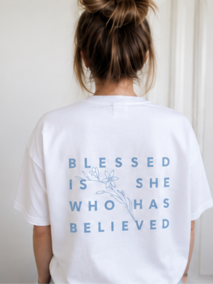 t-shirt damski chrześcijański | BLESSED IS SHE | BIAŁA